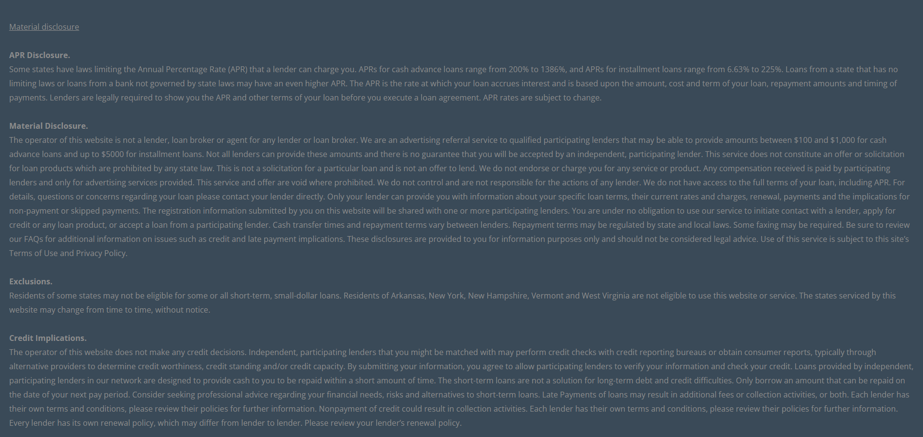 Material disclosure for payday loans in Thousand Oaks California